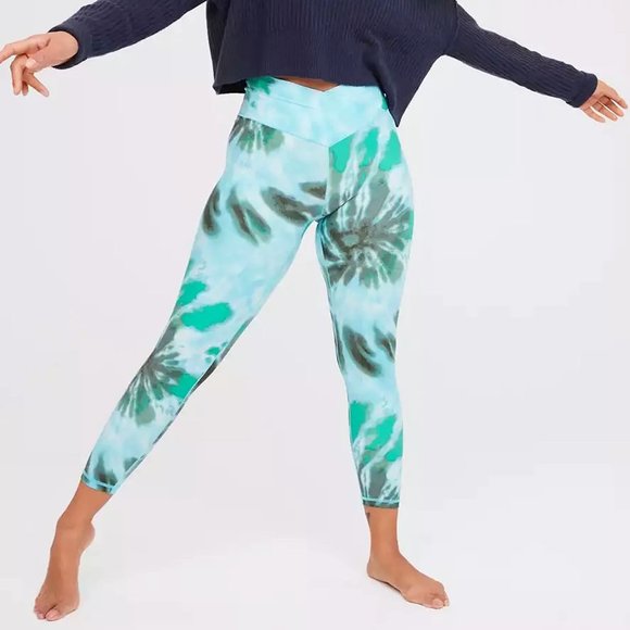 OFFLINE by Aerie High Waisted Blue Green Black Tie Dye Crossover Leggings - Picture 1 of 10